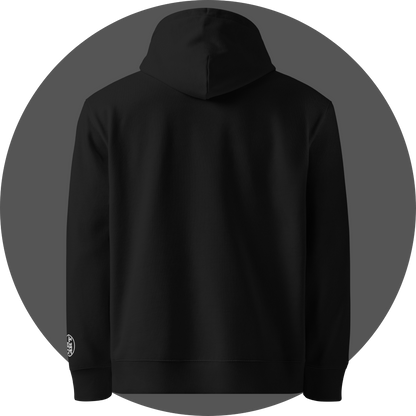 un4rt - the image shows the back of a black cotton hoodie with a decent white embroidery on the left arm.