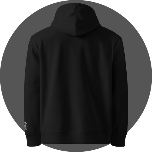 un4rt - the image shows the back of a black cotton hoodie with a decent white embroidery on the left arm.