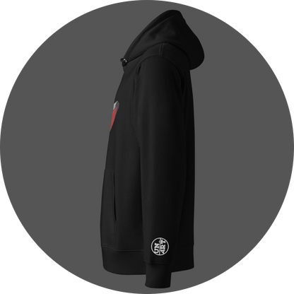 un4rt - the image shows the left side of a black cotton hoodie with a print on the breast. the left arm shows a white embroidery of the "UN4RT"-logo.
