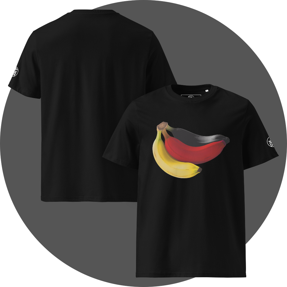 UN4RT black organic cotton t-shirt shown from the front and back, front features a large colorful banana artwork with yellow, red, and black bananas on the chest, symbolizing the german flag. back is plain black with a small circular brand logo on the left sleeve.
