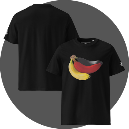 UN4RT black organic cotton t-shirt shown from the front and back, front features a large colorful banana artwork with yellow, red, and black bananas on the chest, symbolizing the german flag. back is plain black with a small circular brand logo on the left sleeve.
