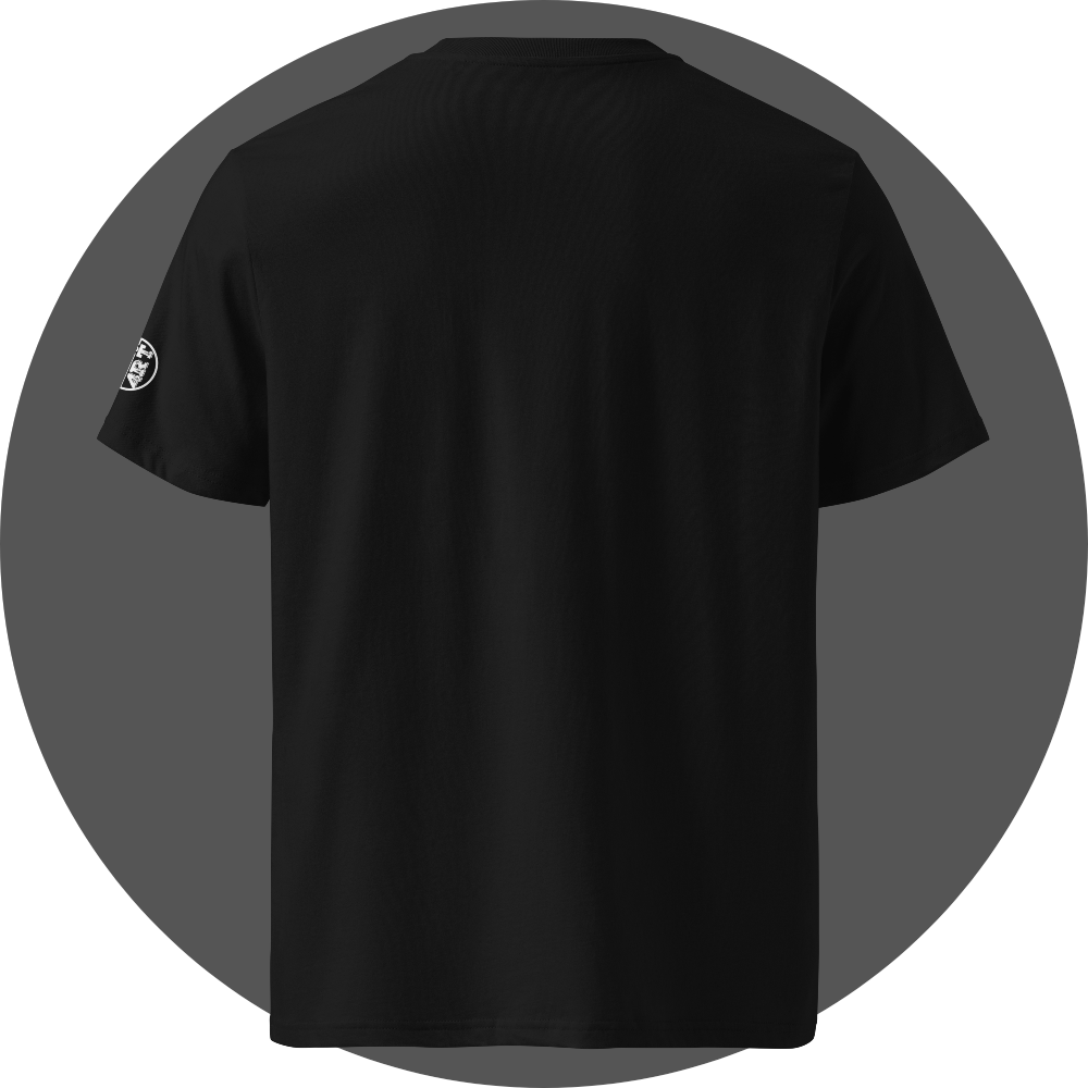 UN4RT black organic cotton t-shirt shown from the back, plain black fabric with no back print, small circular brand logo visible on the left sleeve.