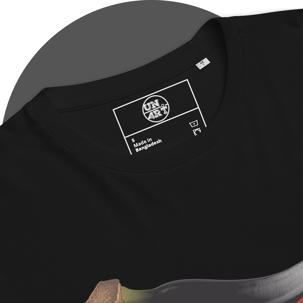 UN4RT black organic cotton t-shirt inner neck label detail showing the UN4RT brand logo printed in white. care instruction symbols including a wash and dry clean symbol.
