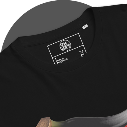 UN4RT black organic cotton t-shirt inner neck label detail showing the UN4RT brand logo printed in white. care instruction symbols including a wash and dry clean symbol.
