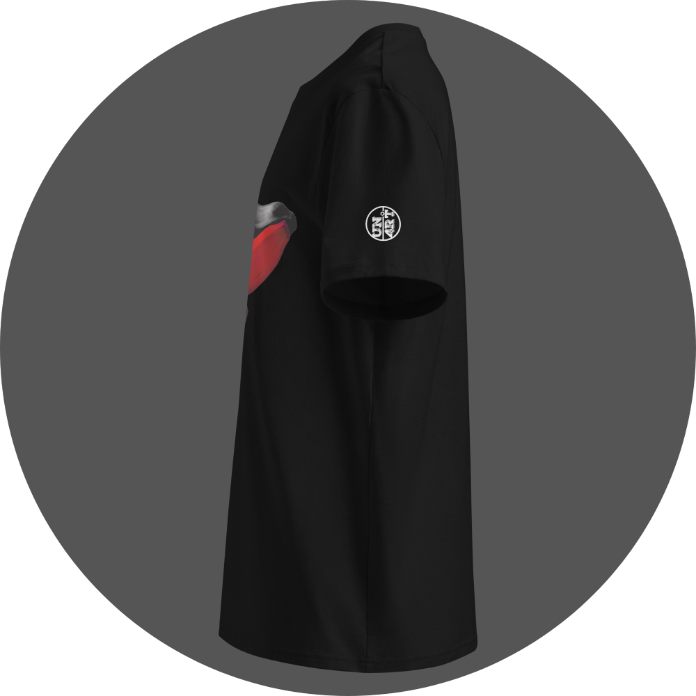 UN4RT black organic cotton t-shirt shown from the left side, featuring a colorful banana artwork with yellow, red, and dark grey bananas printed on the front chest area, with a small circular UN4RT logo visible on the left sleeve.