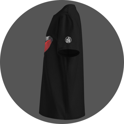 UN4RT black organic cotton t-shirt shown from the left side, featuring a colorful banana artwork with yellow, red, and dark grey bananas printed on the front chest area, with a small circular UN4RT logo visible on the left sleeve.