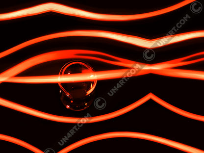 un4rt - the photographie has a black background with a glasball in the middle, placed on a mirror. the glasball is reflecting red light. various red lightlines around the glasball.