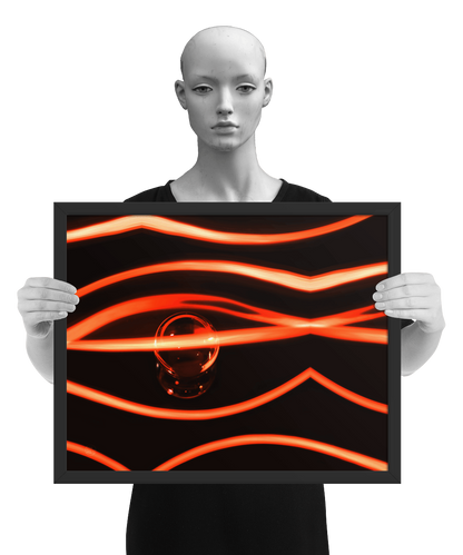 un4rt - the photographie has a black background with a glasball in the middle, placed on a mirror. the glasball is reflecting red light. various red lightlines around the glasball. the image is framed and presented by a mannequin in black and white.