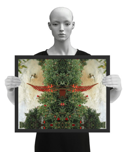 un4rt - the image shows 3 different sizes of the same photographie on top of each other. large size in the back, medium size in the middle and small size on top. the photographie shows plants with green leaves and red blossoms in front of an old white stone wall. the image is framed and presented by a mannequin in black and white.
