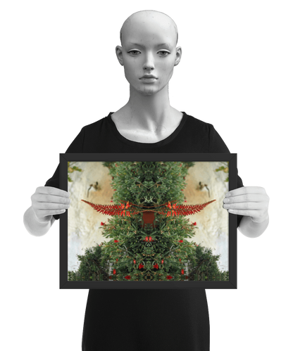 un4rt - the image shows 3 different sizes of the same photographie on top of each other. large size in the back, medium size in the middle and small size on top. the photographie shows plants with green leaves and red blossoms in front of an old white stone wall. the image is framed and presented by a mannequin in black and white.