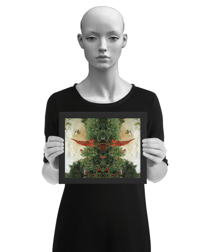 un4rt - the image shows 3 different sizes of the same photographie on top of each other. large size in the back, medium size in the middle and small size on top. the photographie shows plants with green leaves and red blossoms in front of an old white stone wall. the image is framed and presented by a mannequin in black and white.