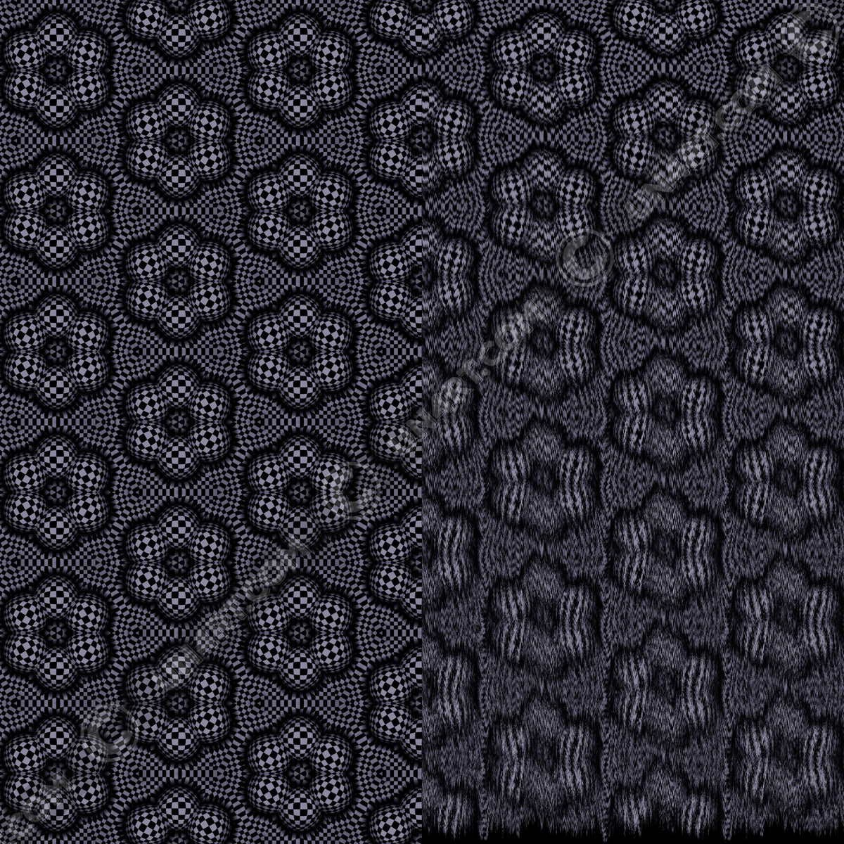 un4rt - the image is split vertically. both sides show the same repeating pattern, but an editing filter has been applied to the right side, blurring the pattern. the pattern has a checkerboard-like basic structure that arches over six spheres arranged in a circle. the spheres that form the circle touch each other. the spaces between the spheres arranged in the circle are flat.