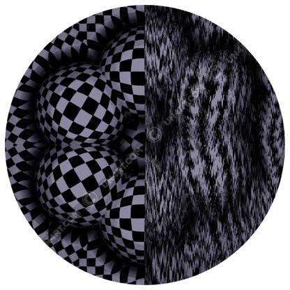 un4rt - the image is split vertically. both sides show the same repeating pattern, but an editing filter has been applied to the right side, blurring the pattern. the pattern has a checkerboard-like basic structure that arches over six spheres arranged in a circle. the spheres that form the circle touch each other. the spaces between the spheres arranged in the circle are flat.