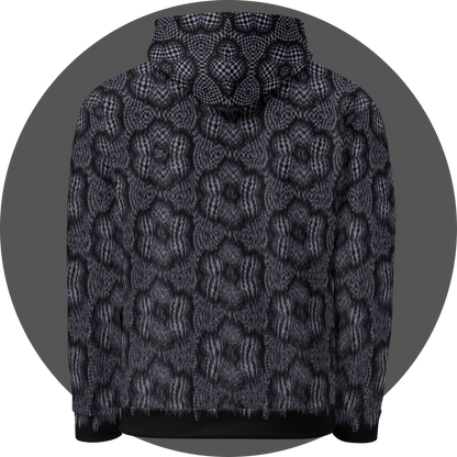 un4rt - the image shows the back of a hoodie with a pattern that has a checkerboard-like basic structure that arches over six spheres arranged in a circle. the spheres that form the circle touch each other. the spaces between the spheres arranged in the circle are flat. the image appears unsharp at the bottom of the hoddie and sharp at the top.