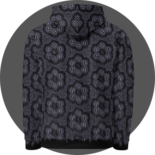 un4rt - the image shows the back of a hoodie with a pattern that has a checkerboard-like basic structure that arches over six spheres arranged in a circle. the spheres that form the circle touch each other. the spaces between the spheres arranged in the circle are flat. the image appears unsharp at the bottom of the hoddie and sharp at the top.