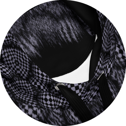un4rt - the image shows details of a hoodie with a pattern that has a checkerboard-like basic structure that arches over six spheres arranged in a circle. the spheres that form the circle touch each other. the spaces between the spheres arranged in the circle are flat. the image appears unsharp in some areas and sharp in other areas.