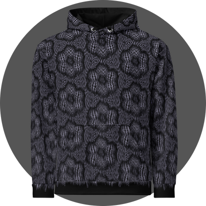 un4rt - the image shows the front of a hoodie with a pattern that has a checkerboard-like basic structure that arches over six spheres arranged in a circle. the spheres that form the circle touch each other. the spaces between the spheres arranged in the circle are flat. the image appears unsharp at the bottom of the hoddie and sharp at the top.