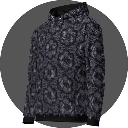 un4rt - the image shows the left front of a hoodie with a pattern that has a checkerboard-like basic structure that arches over six spheres arranged in a circle. the spheres that form the circle touch each other. the spaces between the spheres arranged in the circle are flat. the image appears unsharp at the bottom of the hoddie and sharp at the top.