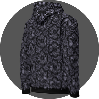 un4rt - the image shows the right back of a hoodie with a pattern that has a checkerboard-like basic structure that arches over six spheres arranged in a circle. the spheres that form the circle touch each other. the spaces between the spheres arranged in the circle are flat. the image appears unsharp at the bottom of the hoddie and sharp at the top.