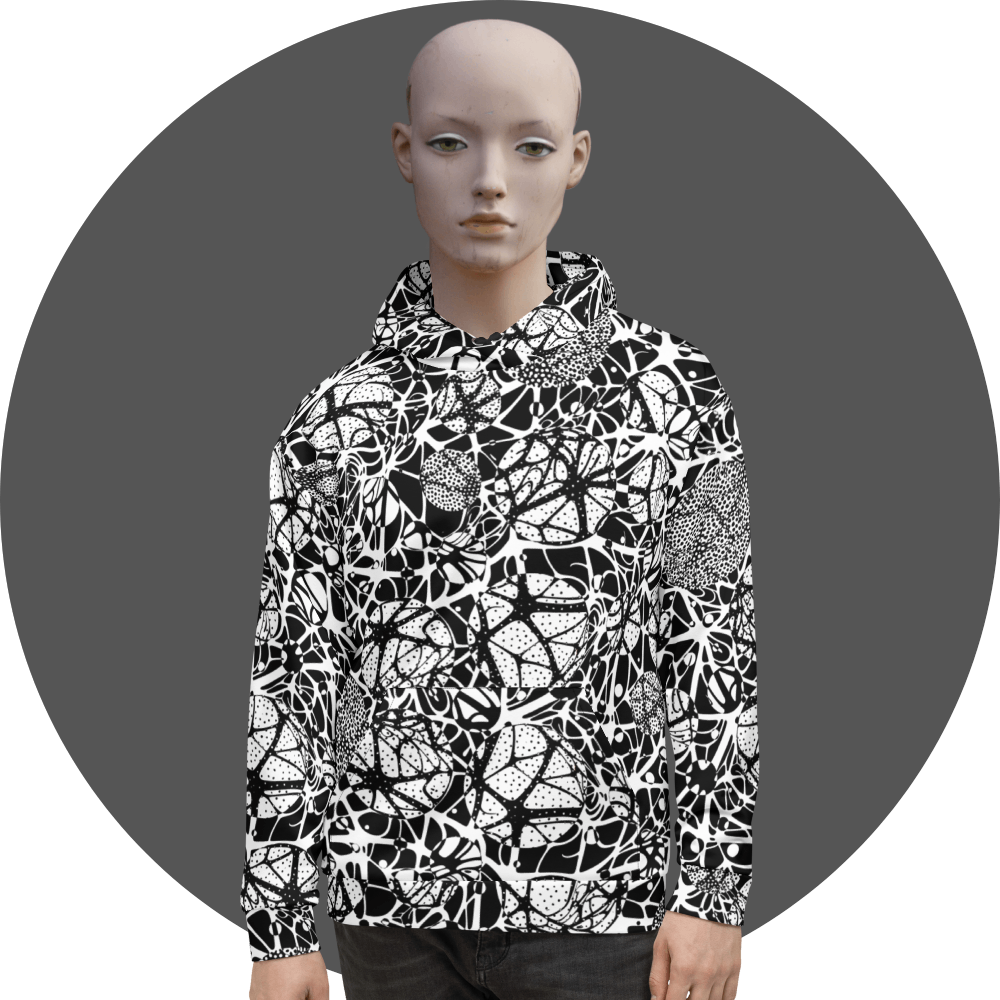 UN4RT black and white all-over print hoodie, bold abstract web and dot pattern with organic circular forms, kangaroo pocket, mannequin front view, grey circular background.