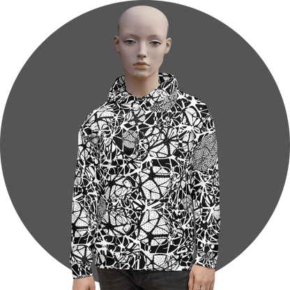 UN4RT black and white all-over print hoodie, bold abstract web and dot pattern with organic circular forms, kangaroo pocket, mannequin front view, grey circular background.