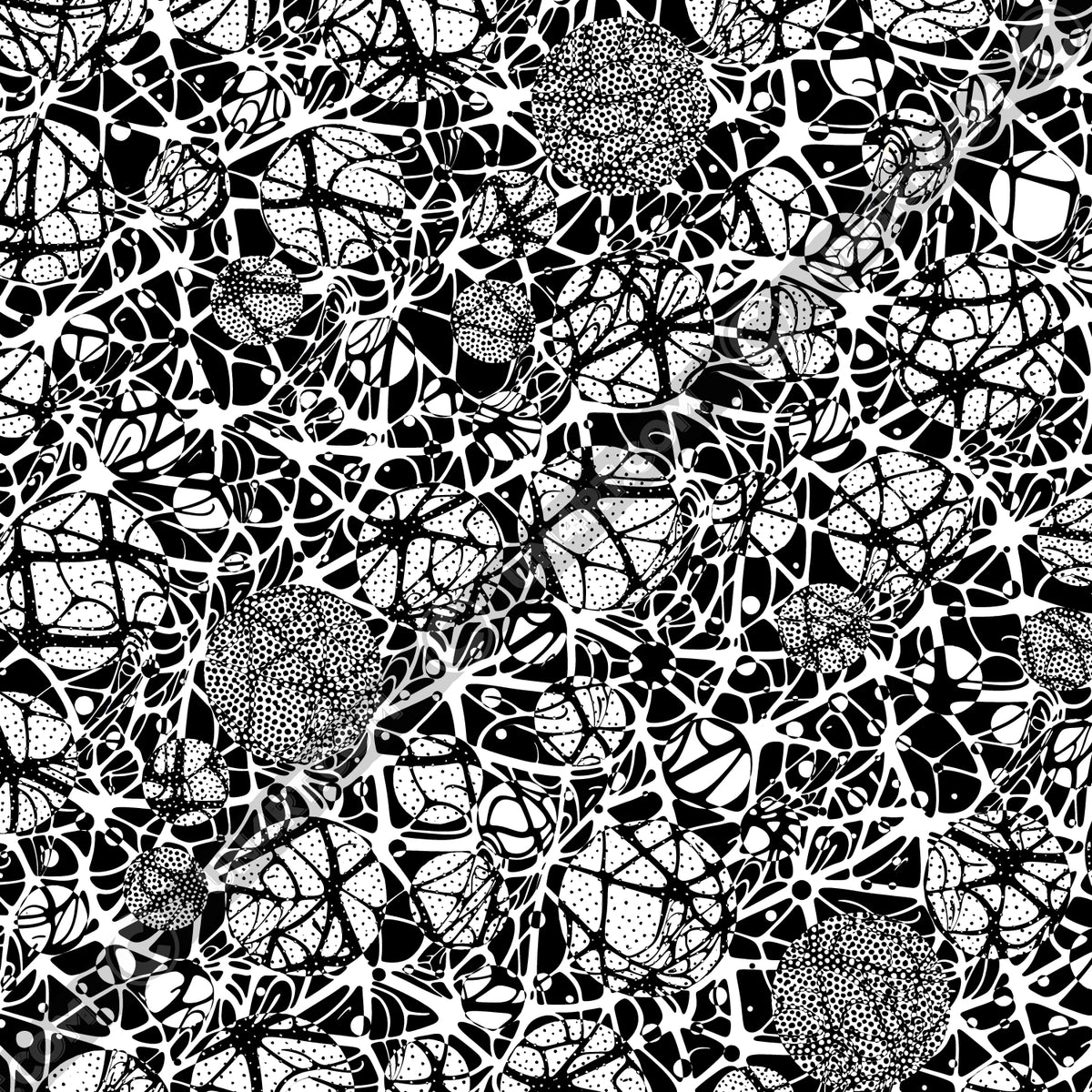 UN4RT brainbubbles original artwork full pattern – seamless black and white composition of organic network with star-shaped node intersections, stippled dot cluster spheres, concentric swirl forms and curved interconnecting lines on white background, un4rt.com copyright watermark, copyright-protected original design.
