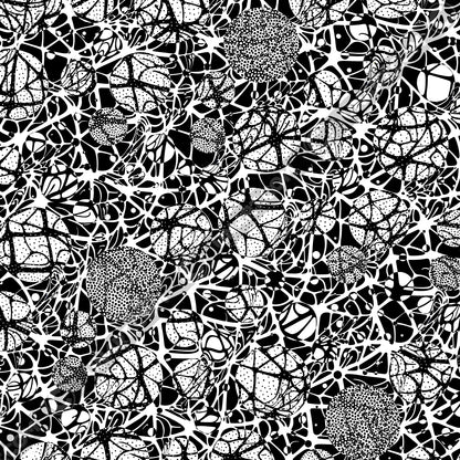 UN4RT brainbubbles original artwork full pattern – seamless black and white composition of organic network with star-shaped node intersections, stippled dot cluster spheres, concentric swirl forms and curved interconnecting lines on white background, un4rt.com copyright watermark, copyright-protected original design.