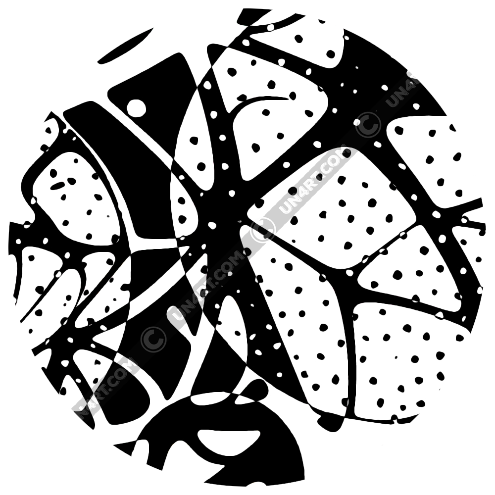 UN4RT brainbubbles original artwork detail – circular close-up of black and white organic pattern showing star-shaped node intersection with radiating segments filled with dot stippling and bold black angular forms, un4rt.com copyright watermark visible, copyright-protected original design.