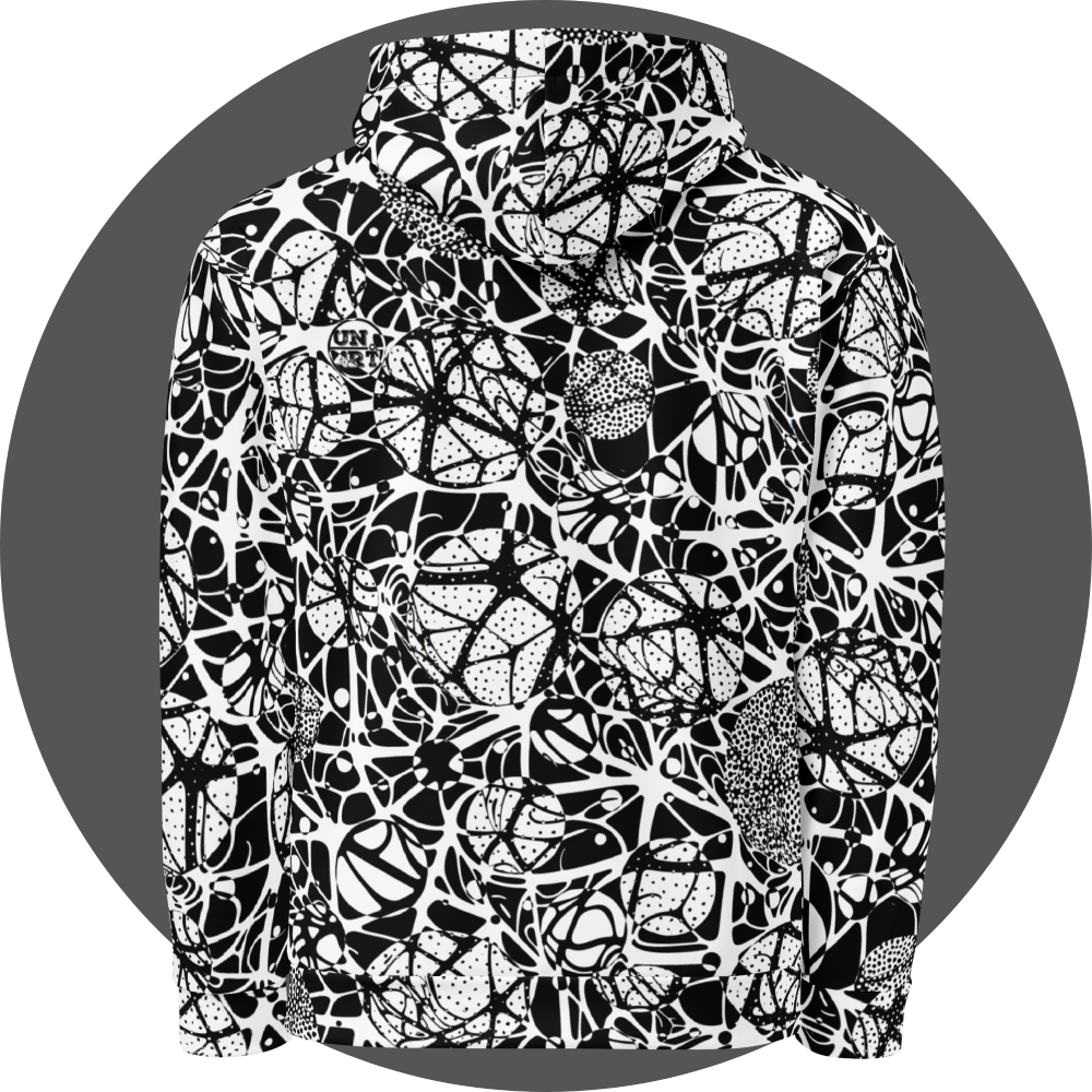 UN4RT brainbubbles all-over-print hoodie back view – white pullover hoodie with dense black organic network pattern of curved interconnecting lines, stippled dot cluster circles, concentric swirl forms and star-shaped node intersections, small UN4RT logo patch at upper back left, ribbed cuffs and hem.