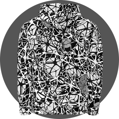 UN4RT brainbubbles all-over-print hoodie back view – white pullover hoodie with dense black organic network pattern of curved interconnecting lines, stippled dot cluster circles, concentric swirl forms and star-shaped node intersections, small UN4RT logo patch at upper back left, ribbed cuffs and hem.