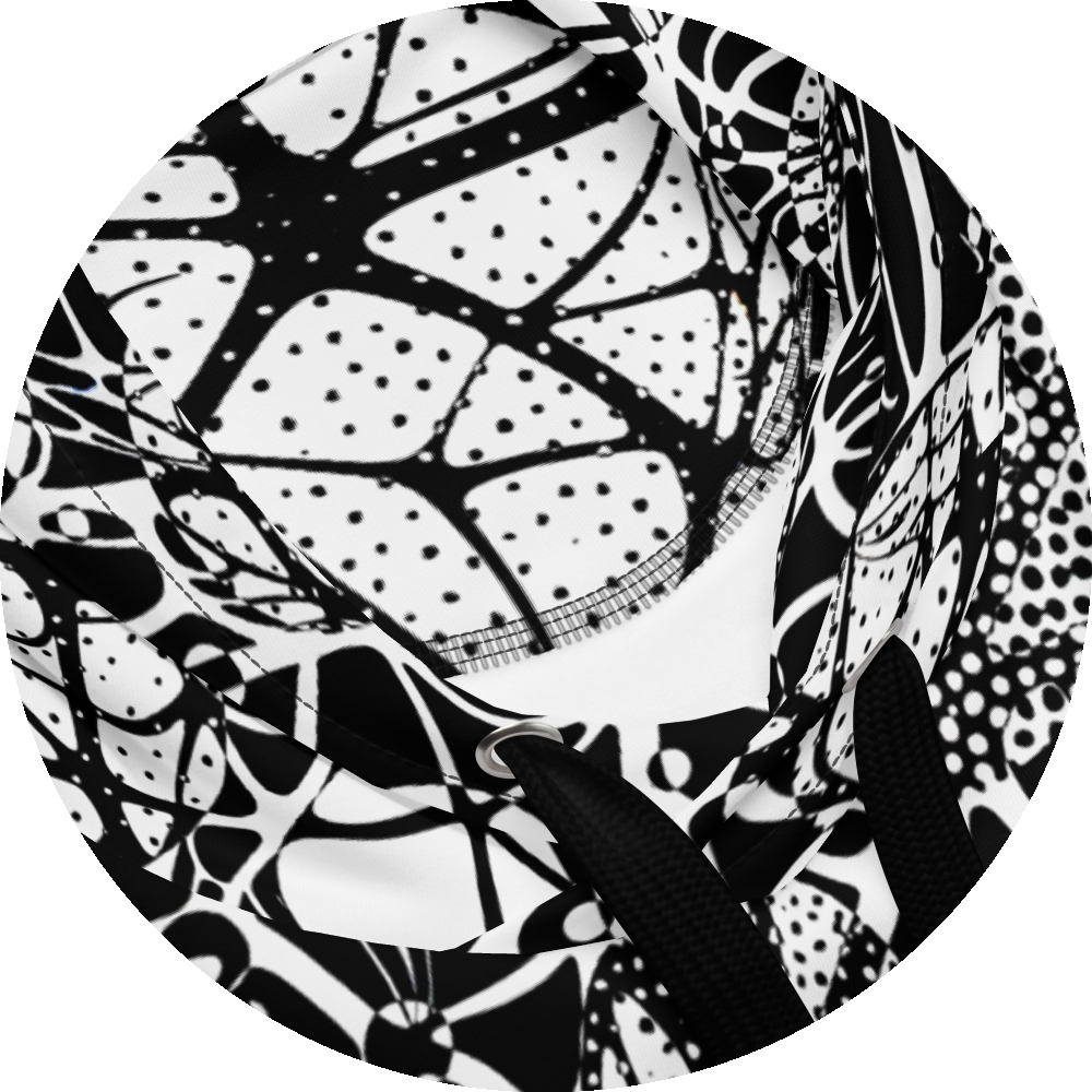 UN4RT brainbubbles hoodie hood detail – circular close-up of drawstring hood showing dense black organic network pattern with stippled dot cluster segments, star-shaped node intersections and fine curved line forms on white fabric, silver metal eyelet and black drawstring visible at centre.