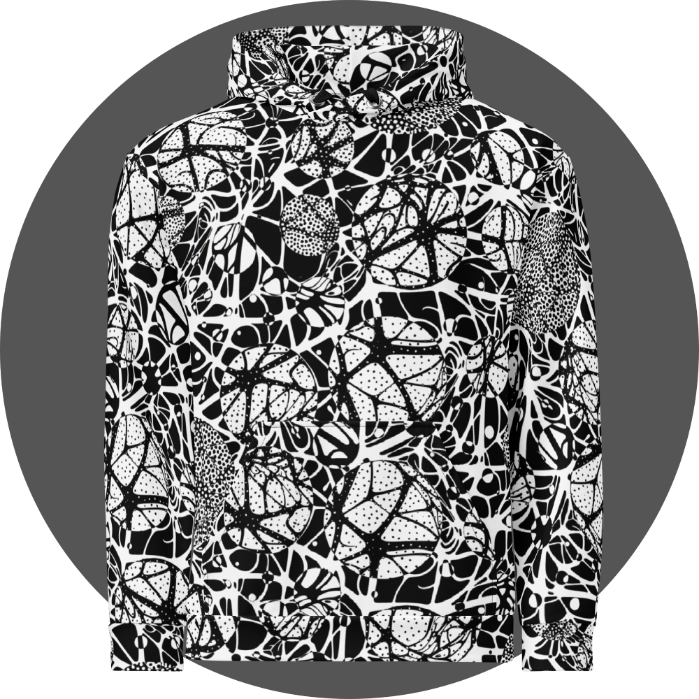 UN4RT brainbubbles all-over-print hoodie front view – white pullover hoodie with dense black organic network pattern of curved interconnecting lines, stippled dot cluster circles and star-shaped node forms, kangaroo pocket and silver metal eyelets with black drawstrings visible.