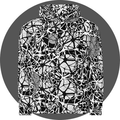 UN4RT brainbubbles all-over-print hoodie front view – white pullover hoodie with dense black organic network pattern of curved interconnecting lines, stippled dot cluster circles and star-shaped node forms, kangaroo pocket and silver metal eyelets with black drawstrings visible.