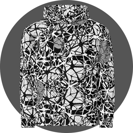 UN4RT brainbubbles all-over-print hoodie front view – white pullover hoodie with dense black organic network pattern of curved interconnecting lines, stippled dot cluster circles and star-shaped node forms, kangaroo pocket and silver metal eyelets with black drawstrings visible.