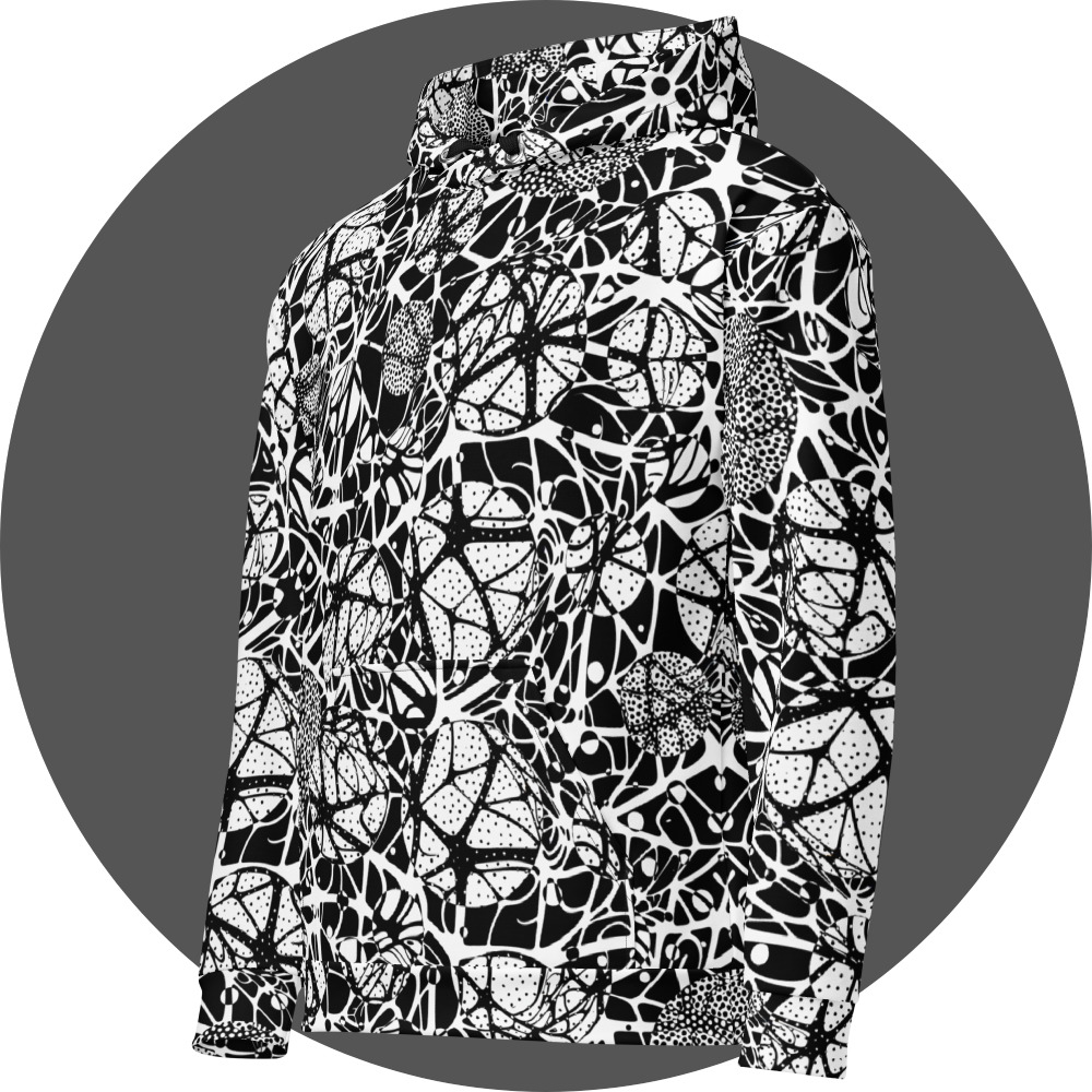 UN4RT brainbubbles all-over-print hoodie left side view – white pullover hoodie with dense black organic network pattern of curved interconnecting lines, stippled dot cluster circles and cell-like enclosed forms, hood with drawstrings, ribbed cuffs and hem, straight silhouette.