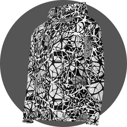 UN4RT brainbubbles all-over-print hoodie left side view – white pullover hoodie with dense black organic network pattern of curved interconnecting lines, stippled dot cluster circles and cell-like enclosed forms, hood with drawstrings, ribbed cuffs and hem, straight silhouette.