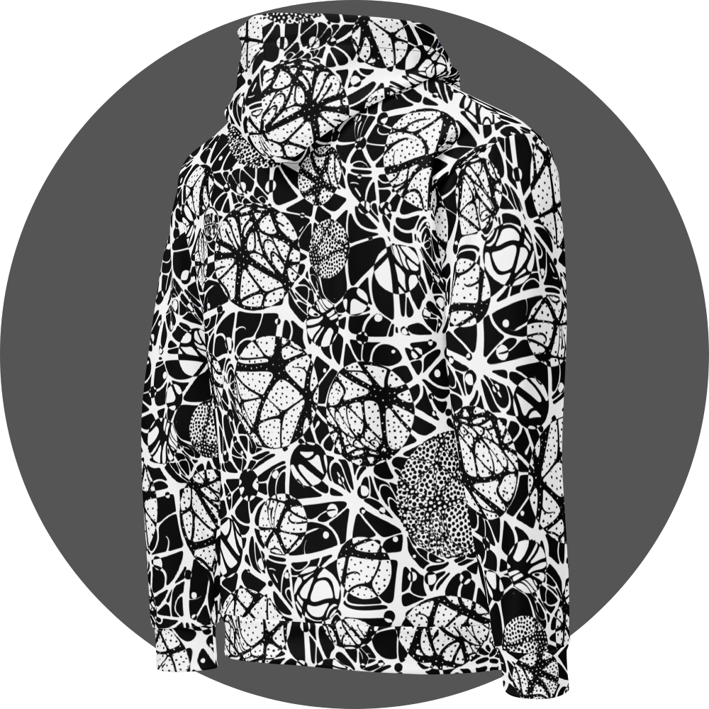 UN4RT brainbubbles all-over-print hoodie right back view – white pullover hoodie with dense black organic network pattern of curved interconnecting lines, stippled dot cluster circles and cell-like enclosed forms, hood with drawstrings visible, ribbed cuffs and hem.