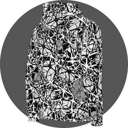 UN4RT brainbubbles all-over-print hoodie right back view – white pullover hoodie with dense black organic network pattern of curved interconnecting lines, stippled dot cluster circles and cell-like enclosed forms, hood with drawstrings visible, ribbed cuffs and hem.
