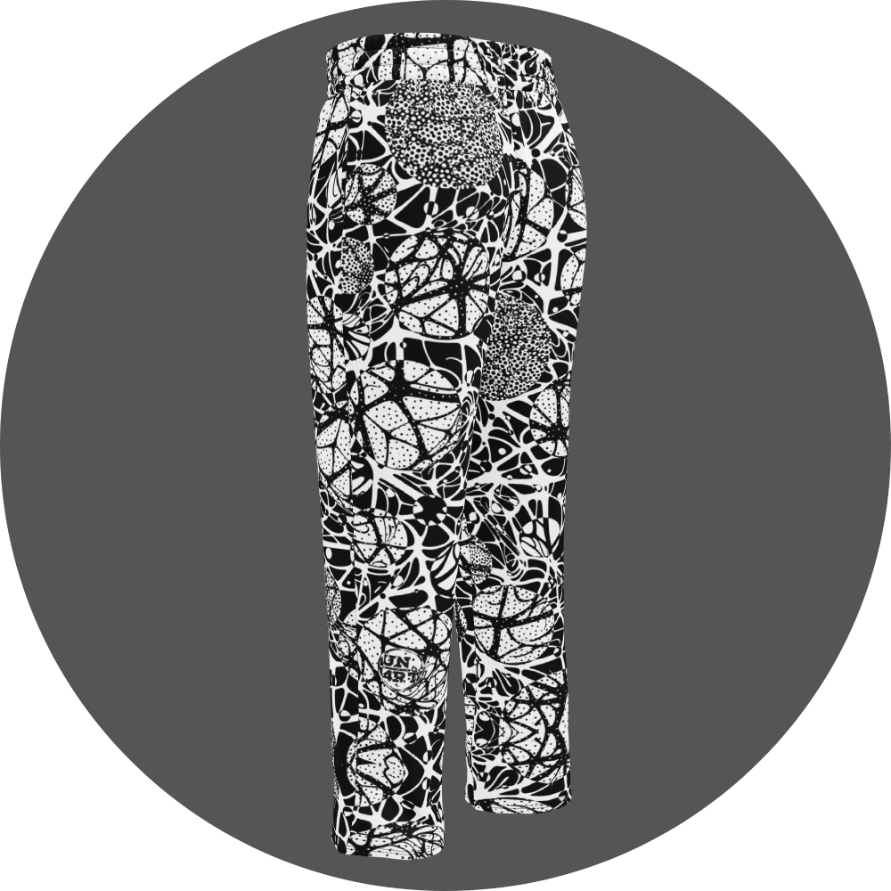 UN4RT brainbubbles all-over-print jogger back left view – white sweatpants with dense black organic network pattern of curved interconnecting lines, stippled dot cluster circles and cell-like enclosed forms, small UN4RT logo at lower leg, elasticated waistband, straight leg cut.