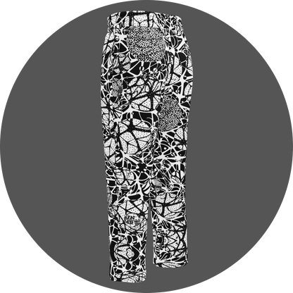 UN4RT brainbubbles all-over-print jogger back left view – white sweatpants with dense black organic network pattern of curved interconnecting lines, stippled dot cluster circles and cell-like enclosed forms, small UN4RT logo at lower leg, elasticated waistband, straight leg cut.
