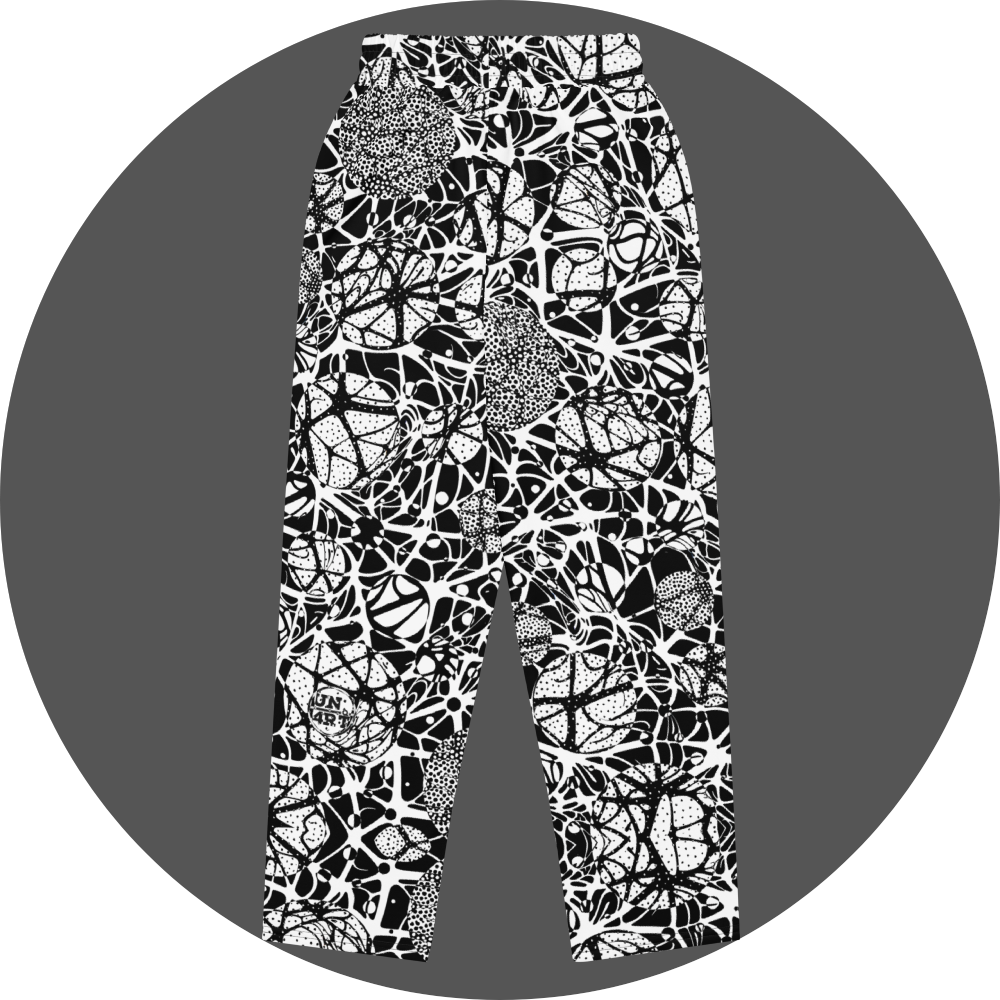 UN4RT brainbubbles all-over-print jogger back flat – white sweatpants with dense black organic network pattern of curved interconnecting lines, stippled dot cluster circles and cell-like enclosed forms, small UN4RT logo at lower left leg, elasticated waistband.