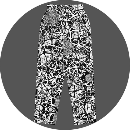 UN4RT brainbubbles all-over-print jogger back flat – white sweatpants with dense black organic network pattern of curved interconnecting lines, stippled dot cluster circles and cell-like enclosed forms, small UN4RT logo at lower left leg, elasticated waistband.