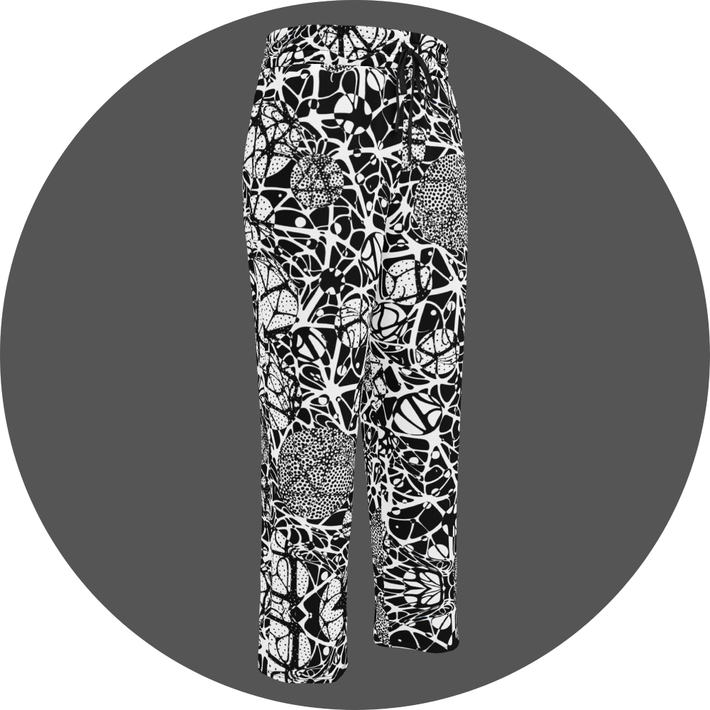 UN4RT brainbubbles all-over-print jogger front right view – white sweatpants with dense black organic network pattern of curved interconnecting lines, stippled dot cluster circles and cell-like enclosed forms, elasticated drawstring waistband, straight leg cut.