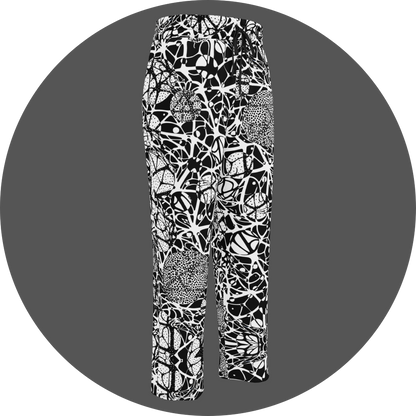 UN4RT brainbubbles all-over-print jogger front right view – white sweatpants with dense black organic network pattern of curved interconnecting lines, stippled dot cluster circles and cell-like enclosed forms, elasticated drawstring waistband, straight leg cut.