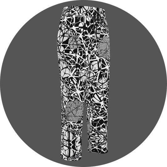 UN4RT brainbubbles all-over-print jogger front right view – white sweatpants with dense black organic network pattern of curved interconnecting lines, stippled dot cluster circles and cell-like enclosed forms, elasticated drawstring waistband, straight leg cut.