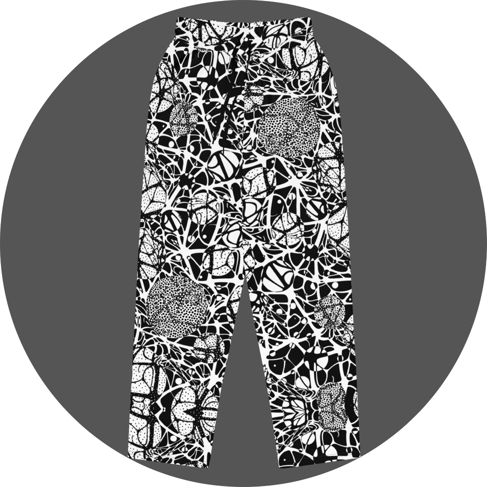 UN4RT brainbubbles all-over-print jogger front flat – white sweatpants with dense black organic network pattern of curved interconnecting lines, stippled dot cluster circles and cell-like enclosed forms, elasticated drawstring waistband.