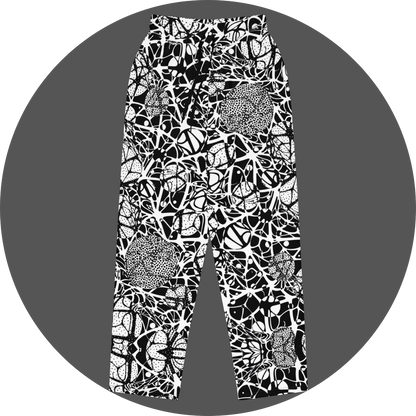 UN4RT brainbubbles all-over-print jogger front flat – white sweatpants with dense black organic network pattern of curved interconnecting lines, stippled dot cluster circles and cell-like enclosed forms, elasticated drawstring waistband.
