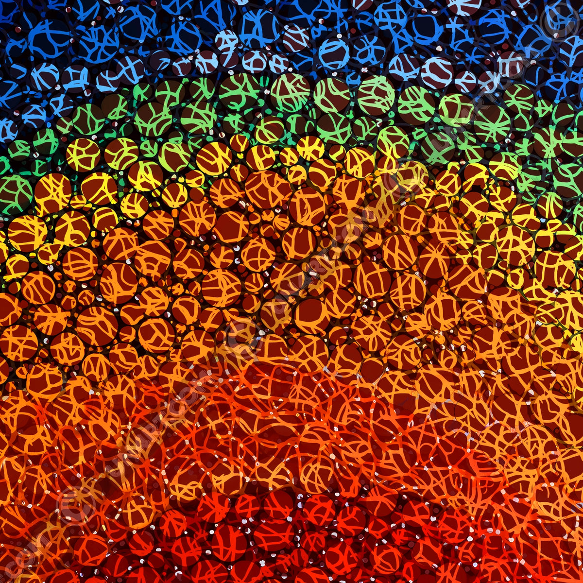 un4rt - the images shows circles in various sizes and various colors. the colors range from red at the bottom up to orange, yellow, green and blue at the top. a wild tangle of lines overlays the circles.