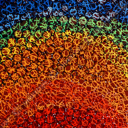 un4rt - the images shows circles in various sizes and various colors. the colors range from red at the bottom up to orange, yellow, green and blue at the top. a wild tangle of lines overlays the circles.