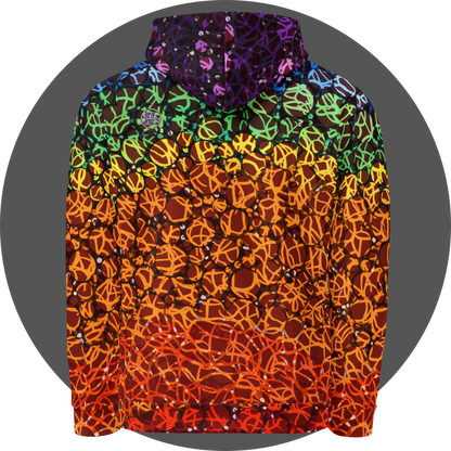 un4rt - the images shows the back of a hoodie with circles in various sizes and various colors. the colors range from red at the bottom up to orange, yellow, green, blue and purple at the top. a wild tangle of lines overlays the circles.